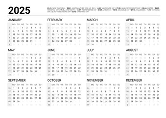 2025 horizontal calendar monday start with holidays