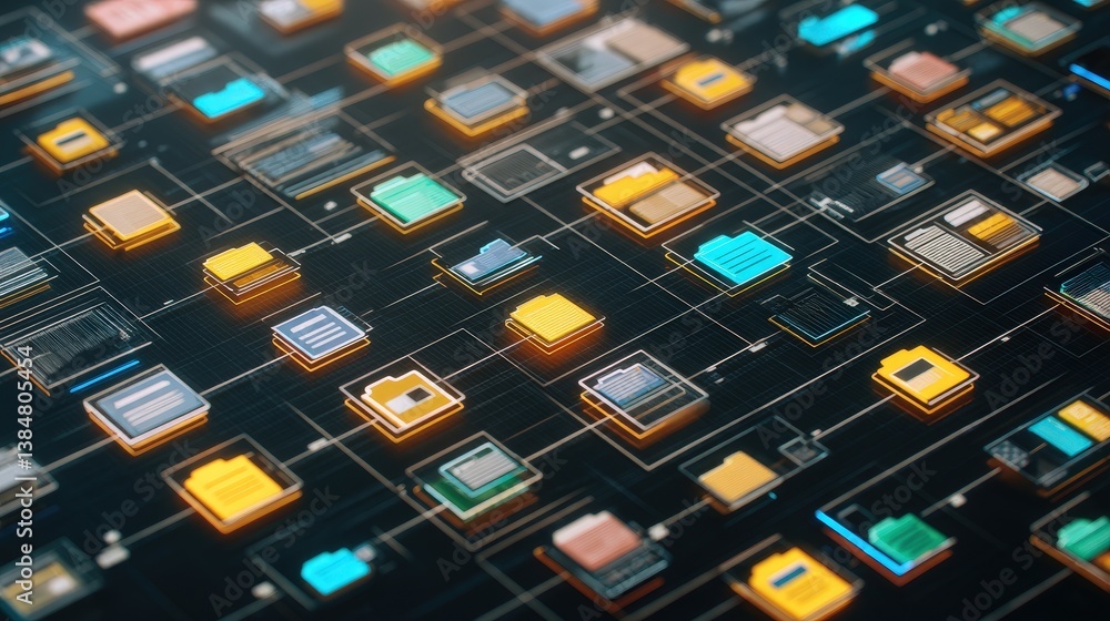 Poster abstract network grid with files and folders, futuristic software interface, digital document manage