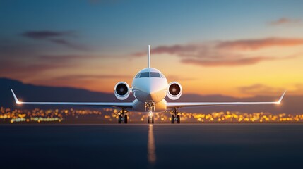 A sleek jet aircraft stands on a runway at sunset, with city lights twinkling in the background, symbolizing luxury travel and modern aviation.