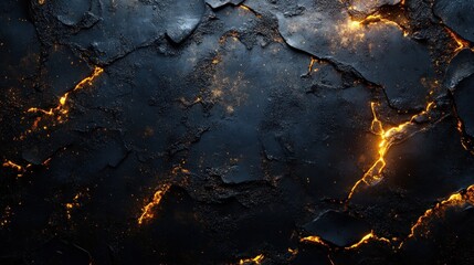 Glowing cracks in dark, rough, textured stone.