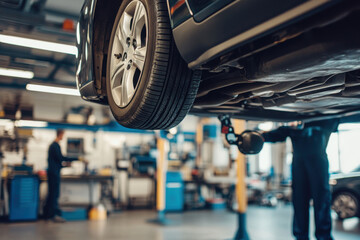Fototapeta premium Mechanic inspecting car's undercarriage on hydraulic lift in auto repair shop