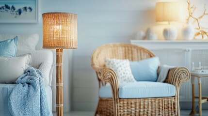 A rattan floor lamp with a woven shade placed near a wicker chair in a coastal-style living room with light breezy decor and soft blue accents