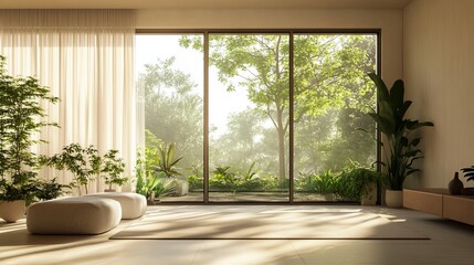 Bright interior with large windows overlooking lush greenery and potted plants inside the room