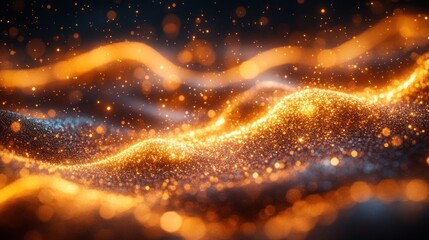 Abstract glowing golden and blue particles wave.