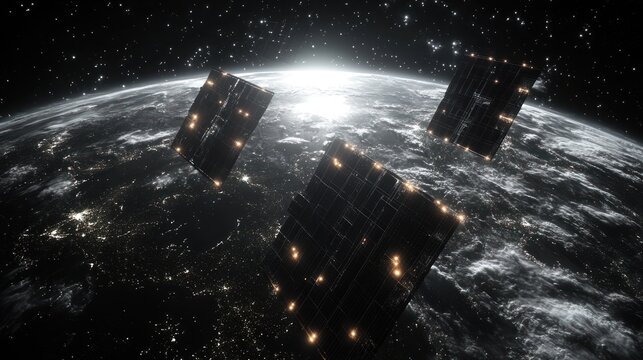 Cosmic Cubes Orbit Earth, City Lights Background