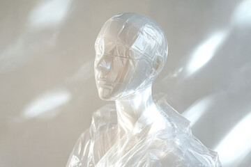 Mannequin head and shoulders wrapped in plastic reflecting light