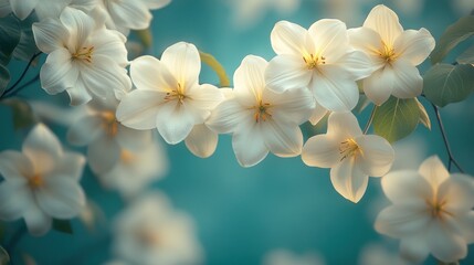 Fototapeta premium Close-up of delicate white flowers blooming on a branch against a teal background.