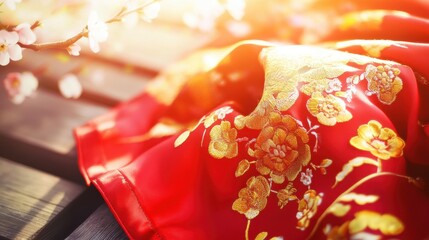 Fototapeta premium Chinese Youth Day:Vibrant red silk scarf with golden embroidery, symbolizing youth and vitality, set against soft spring blossoms