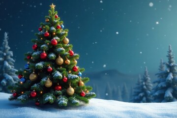 A majestic fir tree with colorful garlands and ornaments against a snowy backdrop, evergreen tree, wintery scene, Christmas tree