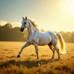 Obraz premium A regal white stallion prances freely in an open field under the warm sunlight, serene beauty, sunny field