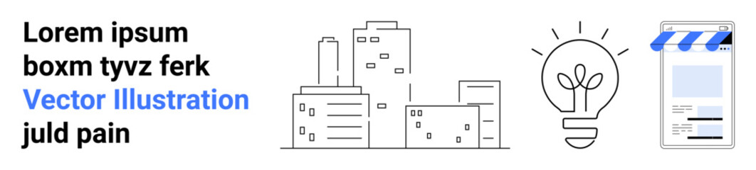 Modern cityscape with tall buildings, light bulb with growing plant suggesting sustainability, storefront app icon. Ideal for innovation, environment, e-commerce, smart cities, technology, digital