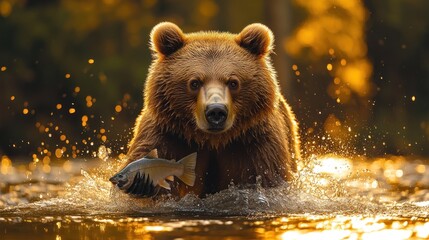 Obraz premium Brown bear catching salmon in a river at sunset.