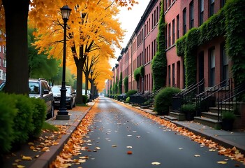 Urban Street Icon in Autumn with Colorful Leaves Illustration isolated on transparent. PNG.