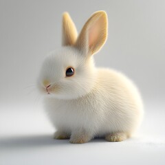 An adorable fluffy white bunny rabbit with light brown ears sits on a plain white background perfect for Easter cards or children's books.