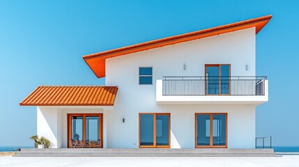 Modern white house with orange roof, balcony, and ocean view.