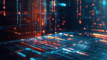 Abstract digital data streams cascading on a futuristic surface