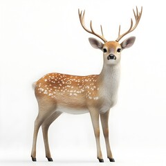 A majestic young sika deer stands gracefully against a pure white background showcasing its spotted coat and antlers.