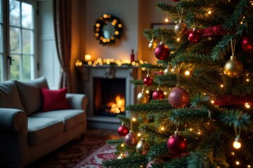 Christmas tree decorated with ornaments and lights in a cozy room, warm, holiday