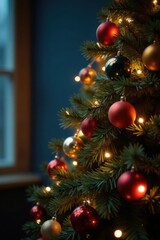 Christmas tree with ornaments and twinkling lights , winter, baubles