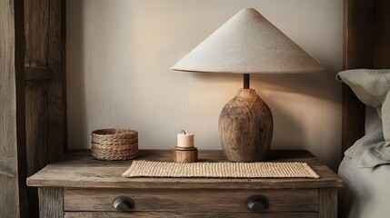 A rustic wood lamp with a linen shade on a reclaimed wood nightstand accompanied by a small candleholder and a natural woven mat