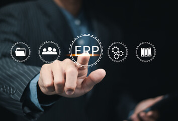 ERP - Enterprise Resource Planning Concept. Digital interface of ERP icons for business management, scheduling, resource optimization, and team coordination. Use ERP software systems for corporate.