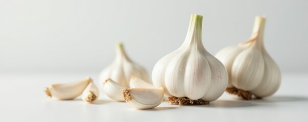 Close-up of individual garlic bulbs with their green stems and papery skin, set on a minimalist white surface, showcasing the bulb's details , food, garlic