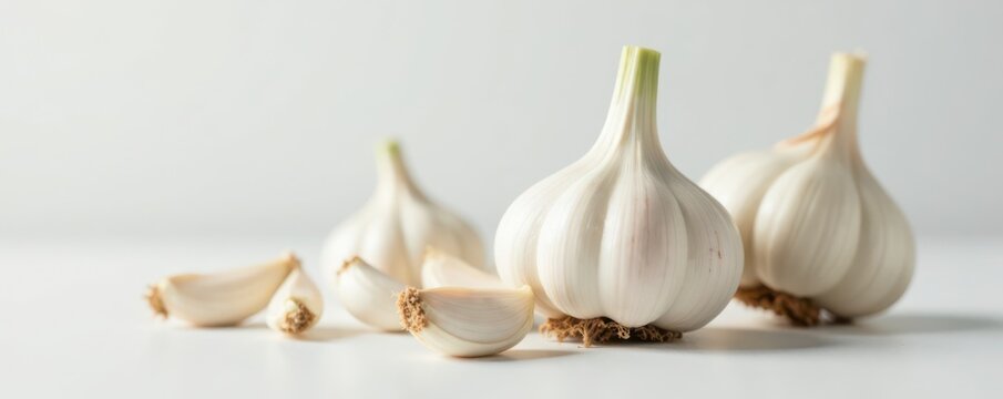 Close-up of individual garlic bulbs with their green stems and papery skin, set on a minimalist white surface, showcasing the bulb's details , food, garlic