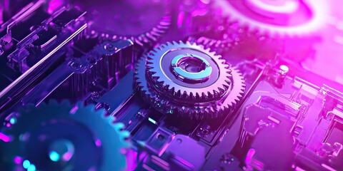 Intricate mechanical gears with striking futuristic pink and blue neon glow, created by ai generated