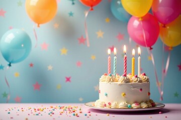 Colorful balloons floating above a birthday cake with candles lit , cake, balloons, party