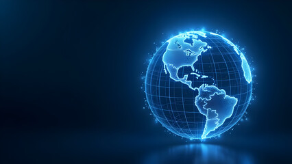 Futuristic Digital Earth Globe with Glowing Blue Network Connections – Global Technology Concept for Internet, Big Data, AI, Blockchain, Cybersecurity, Communication, Innovation and Virtual World