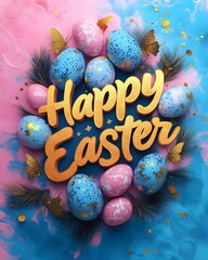 minimalistic easter poster featuring a "Happy Easter" text with delicate floral elements, eggs, tiny butterflies, and golden sparkles. easter poster design