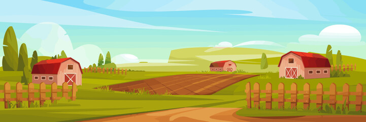 Vector illustration of rural countryside and farmland featuring multiple barns with red roofs, fenced fields, rolling hills, and crops