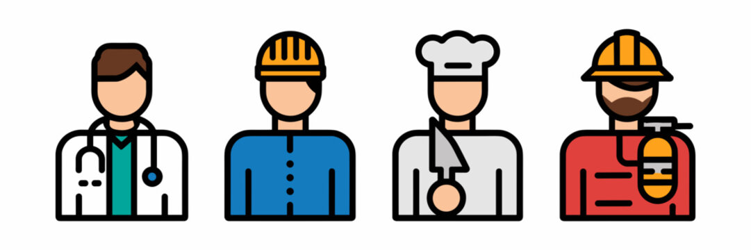 Row of professional occupation icons on a white background – Great for job-related materials, human resources content, or career guidance graphics.