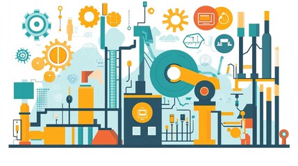 Naklejka premium Colorful industrial factory scene with gears, machinery, and abstract elements