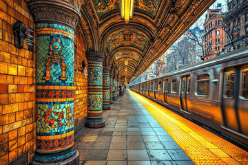 A vibrant subway station featuring intricate tile mosaics, ornate pillars, and a silver train arriving, capturing urban architecture and transit life.
