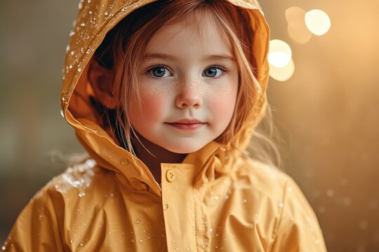 A beautiful young child wearing a yellow raincoat in rain