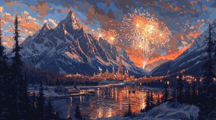 Festive fireworks display over snowy mountain range, castle, and lake at sunset.