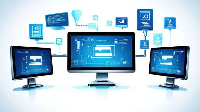 Connected computers, network, digital interface, background, futuristic design