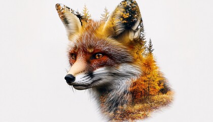 Fototapeta premium Double exposure art featuring a fox's face blended with a vibrant autumn landscape, showcasing the harmony of wildlife and nature.