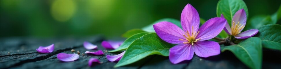 Delicate violet flower petals scattered on a lush green leafy branch, purple leaves, nature