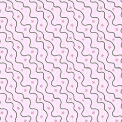 Floral abstract pattern. Seamless pattern with blossom flowers and waves. Floral sea, waves and bubbles. Illustration in sketch and color style. Doodle and line drawing. Summer design for textile