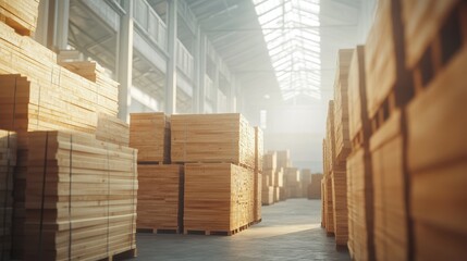 Sunlit Warehouse Stacked with Lumber and Wood.
