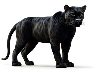 Obraz premium A majestic black panther stands alert against a pure white background showcasing its sleek powerful build and intense gaze.