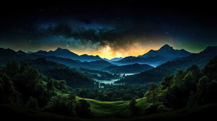 Majestic mountain range at night, blanketed in a celestial display of stars and milky way. Lush forests and valleys stretch across the landscape