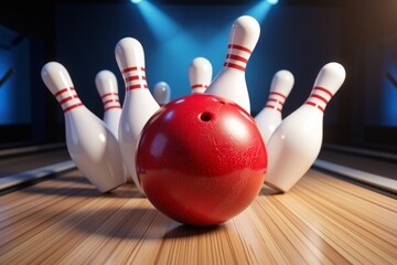 Red Bowling Ball Striking Down White Pins in a Dynamic Alley Scene