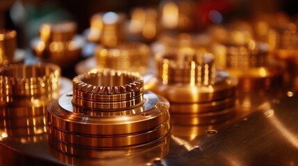 Close-up of Precision Machinery Parts on Assembly Line, Glowing with Warm Industrial Lighting, Showcasing Advanced Chinese Manufacturing Technology