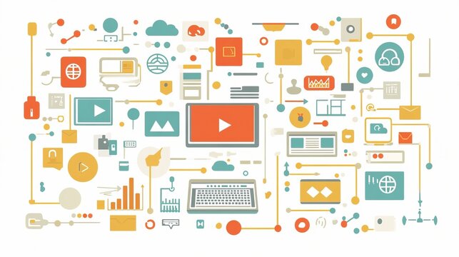 Digital media interconnected system, flat icons, playing video, modern design