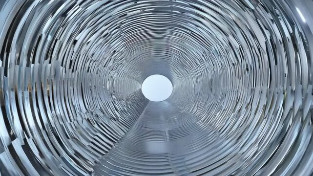 Inside the Silver Tunnel: A mesmerizing journey through a futuristic, metallic tunnel, its walls reflecting intricate patterns of light and shadow, leading to a bright, inviting portal. 