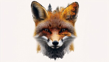 Fototapeta premium Double Exposure of a Fox's Face Merged with Autumn Landscape Capturing the Harmony of Wildlife and Nature