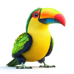 A vibrant toucan with a large colorful beak stands against a stark white background showcasing its bright plumage and unique features.
